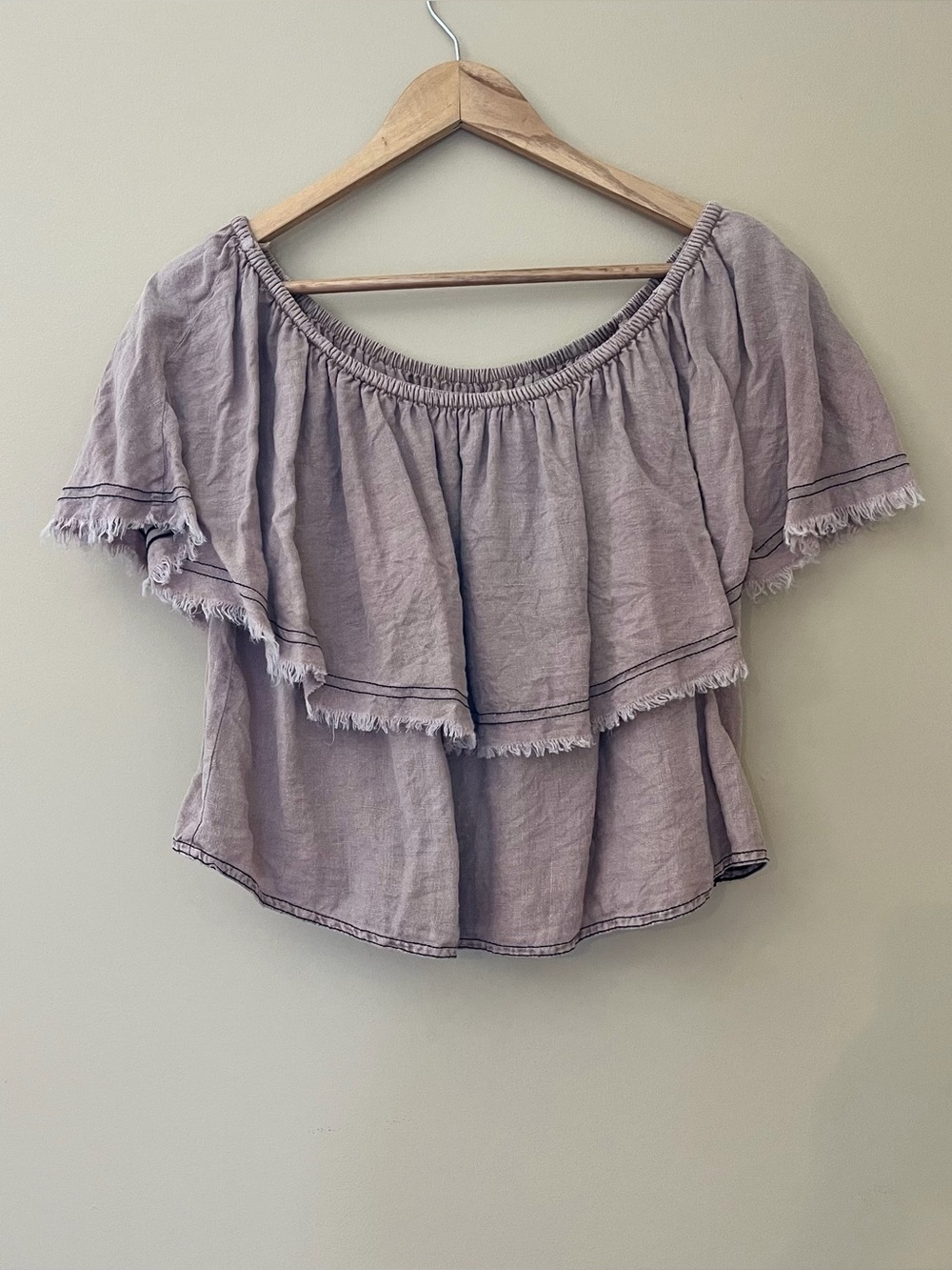 Zara Woman 100% Linen Boho Hippie Short Ruffle Top Blouse With Fringe Size M
